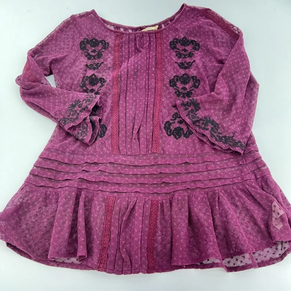 Free People FP Women's XS Plum Net Blouse Pleated Sheer Embroidered Bell Sleeve